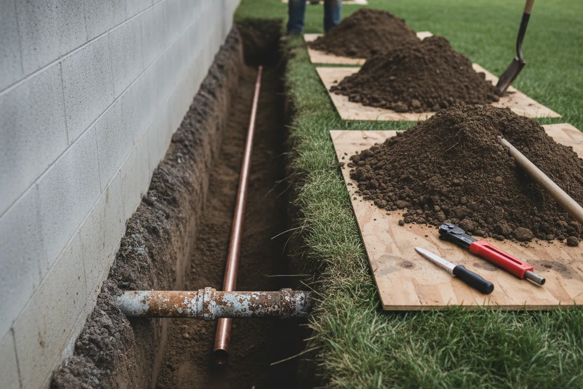 Excavated water line trench during Water Softener Installation in Valley Falls
